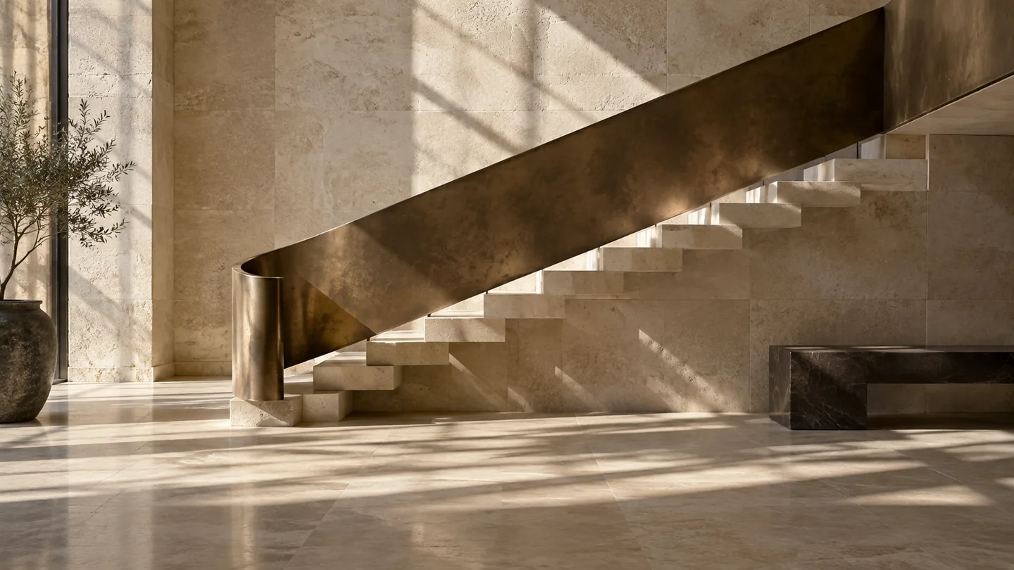 Limestone gallery with a bronze stair rail and diagonal daylight