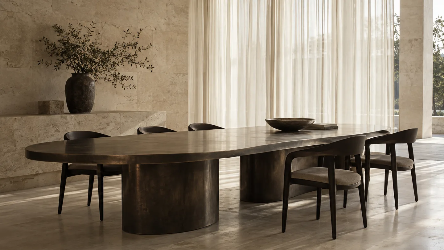 Quiet meeting room with a bronze table and sheer ivory curtains