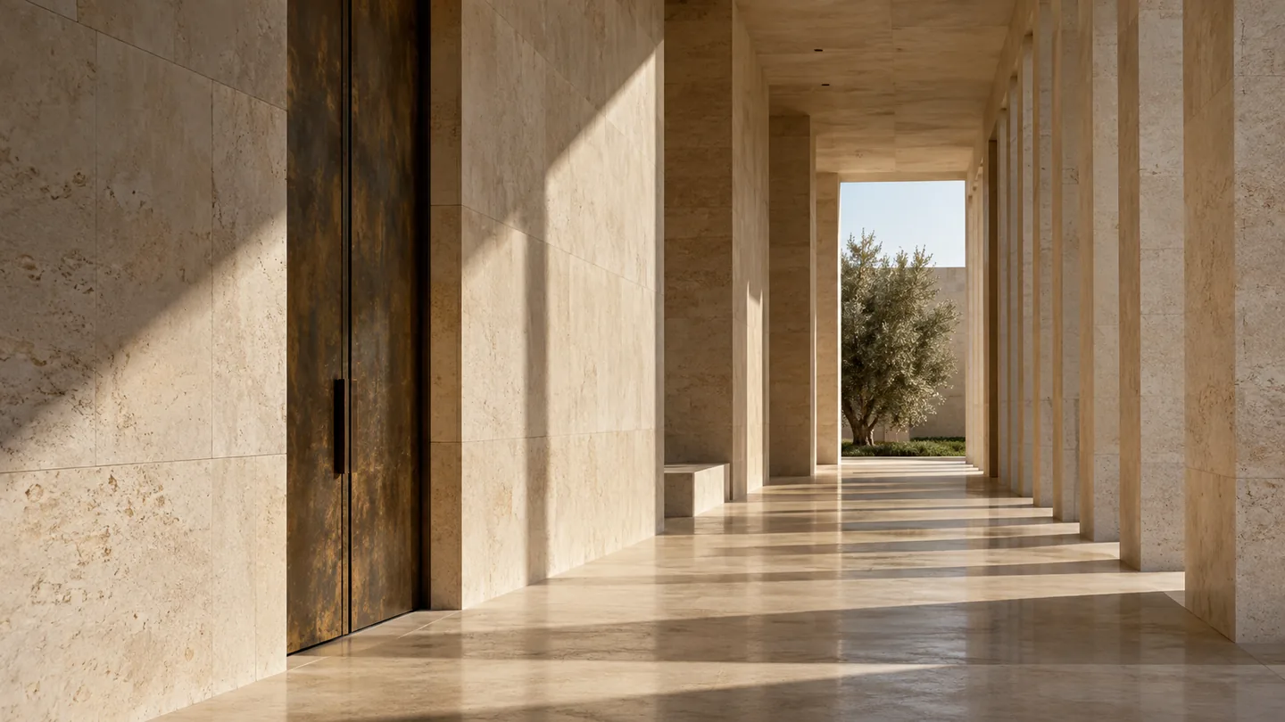 Soft daylight along a limestone corridor and bronze doorway
