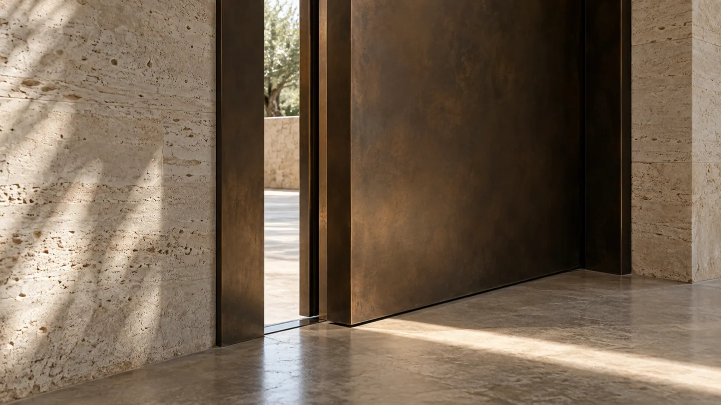 Bronze pivot door opening onto a sliver of daylight beside limestone